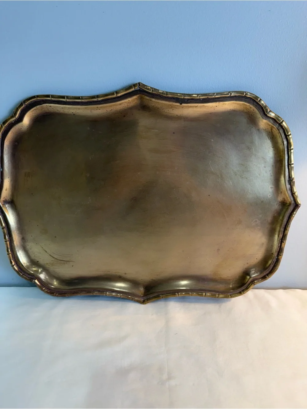 Vintage Oval Brass Tray Featuring A Distinctive Faux Bamboo Edge. Made In India